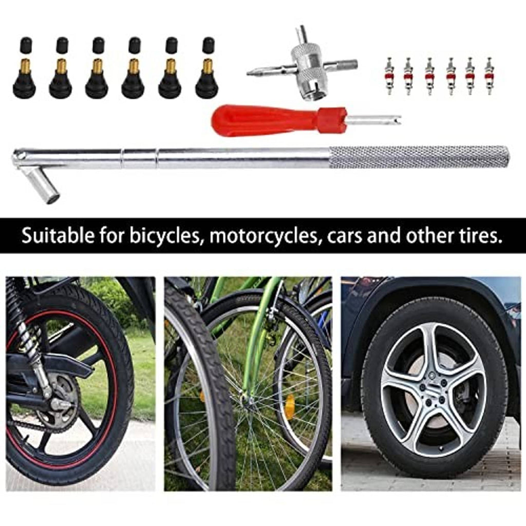 Tire valve stem tool kit with red handle and valve caps, shown for bicycle and motorcycle tires