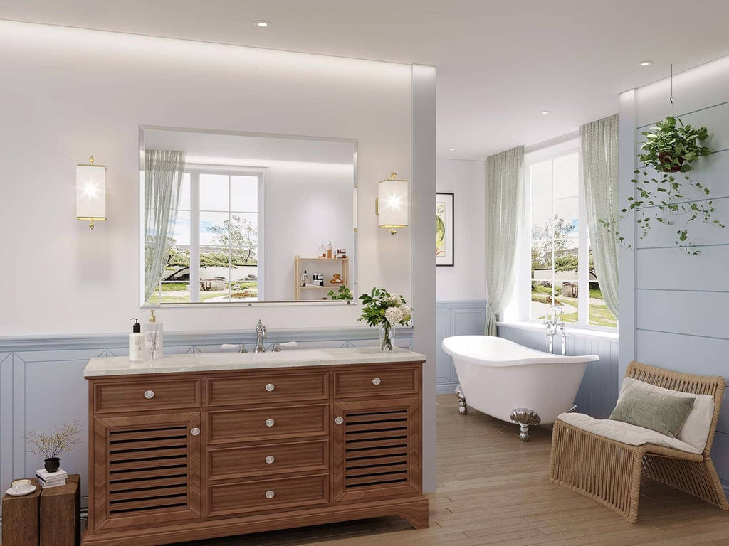 Frameless bathroom mirror with beveled edge, mounted above wood double vanity