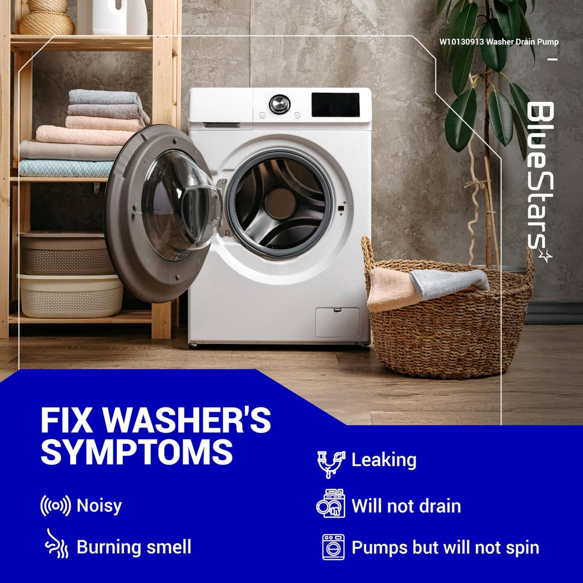 Washer drain pump assembly over washing machine with leak and won't drain icons, white