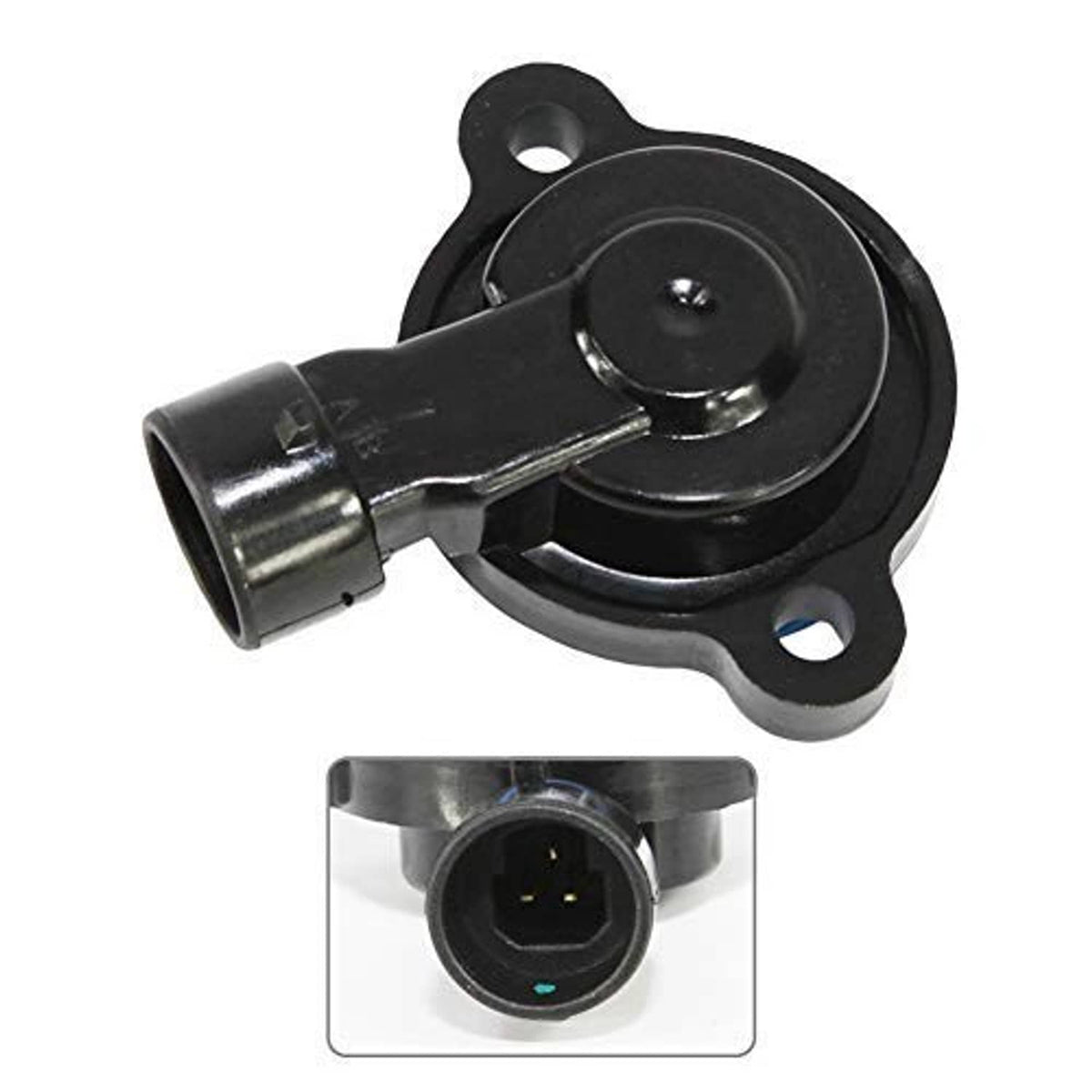 Throttle position sensor with black housing, blue ring, and side electrical connector