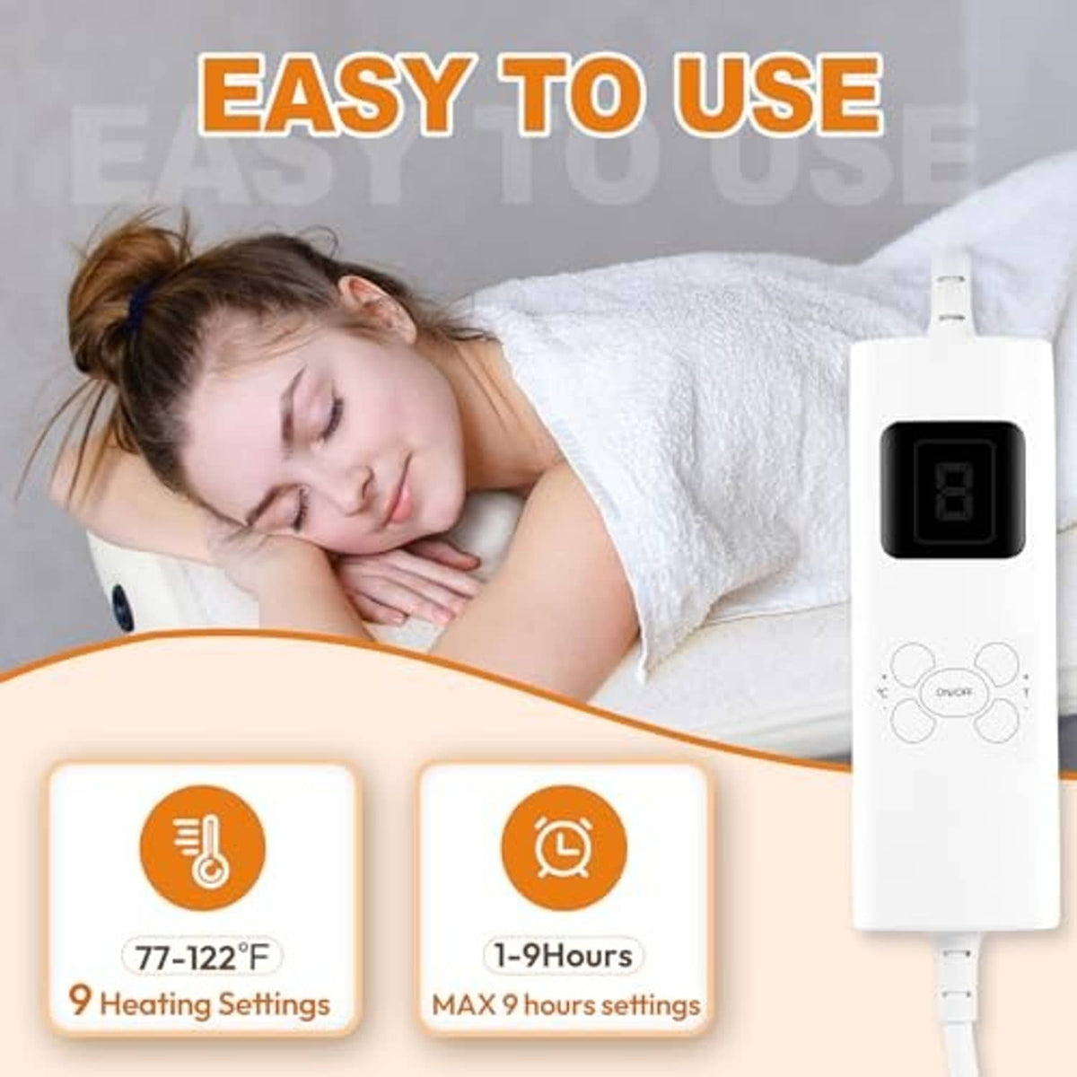 White heated massage pad with attached control unit, LED screen, and button controls.