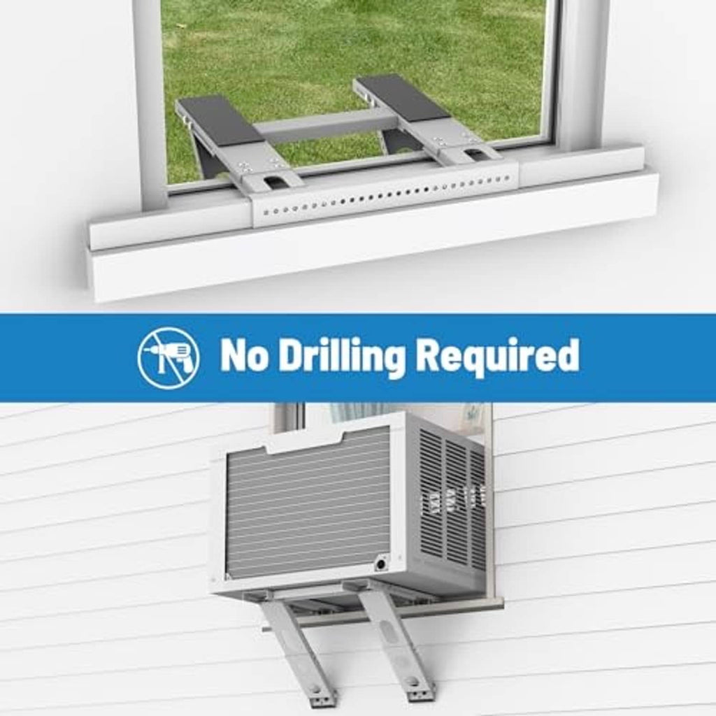 Window AC support bracket under an exterior unit with no-drilling required