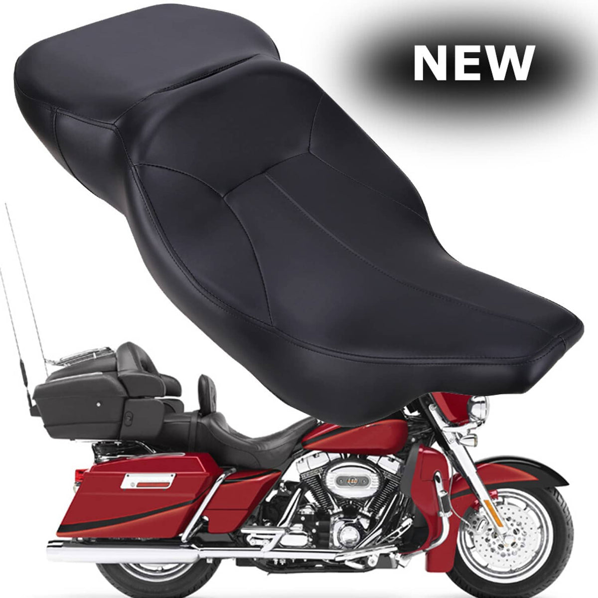 Black motorcycle rider and passenger seat with stitched panels and rounded top profile