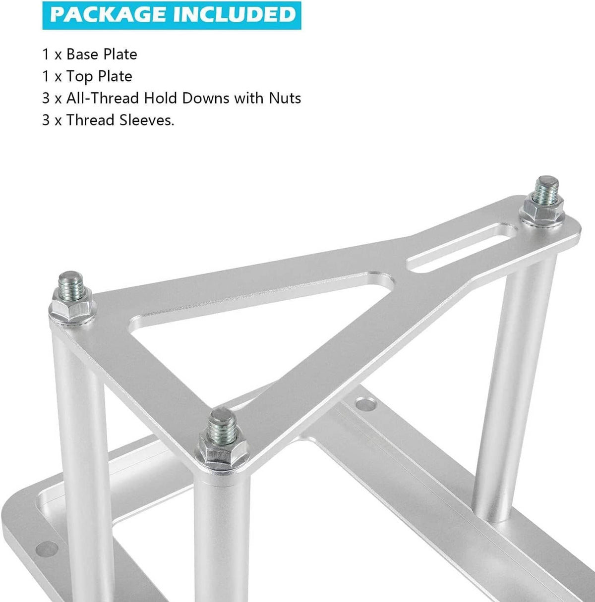 Aluminum mounting tray top plate with posts and threaded bolt detail