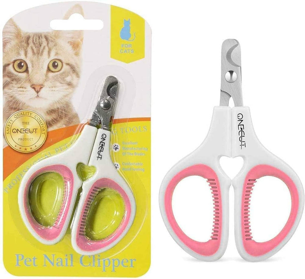 Pet nail clippers with white handles and pink finger rings, stainless steel blades