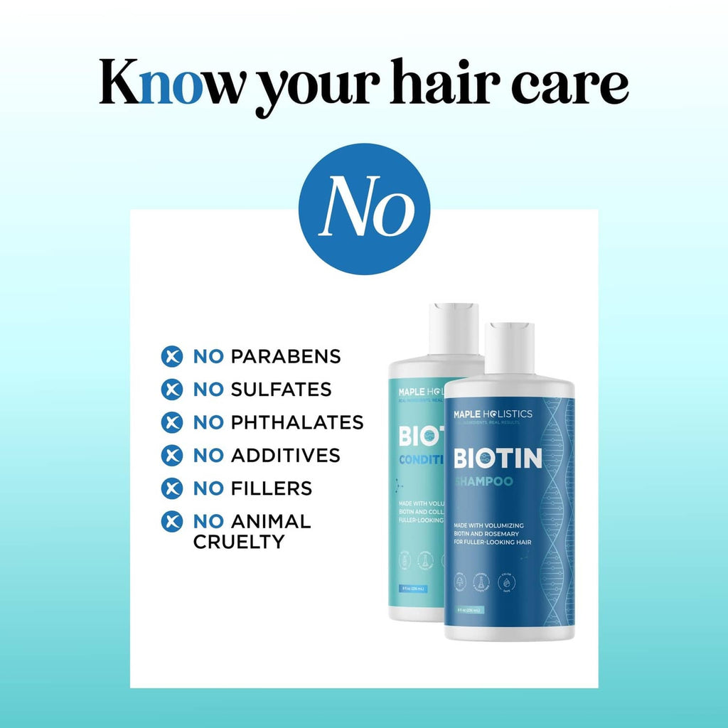 Two blue-and-white Biotin shampoo and conditioner bottles with white caps