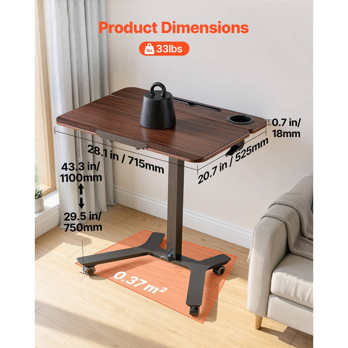 Portable standing desk with dark wood top, cup holder opening, and four caster wheels