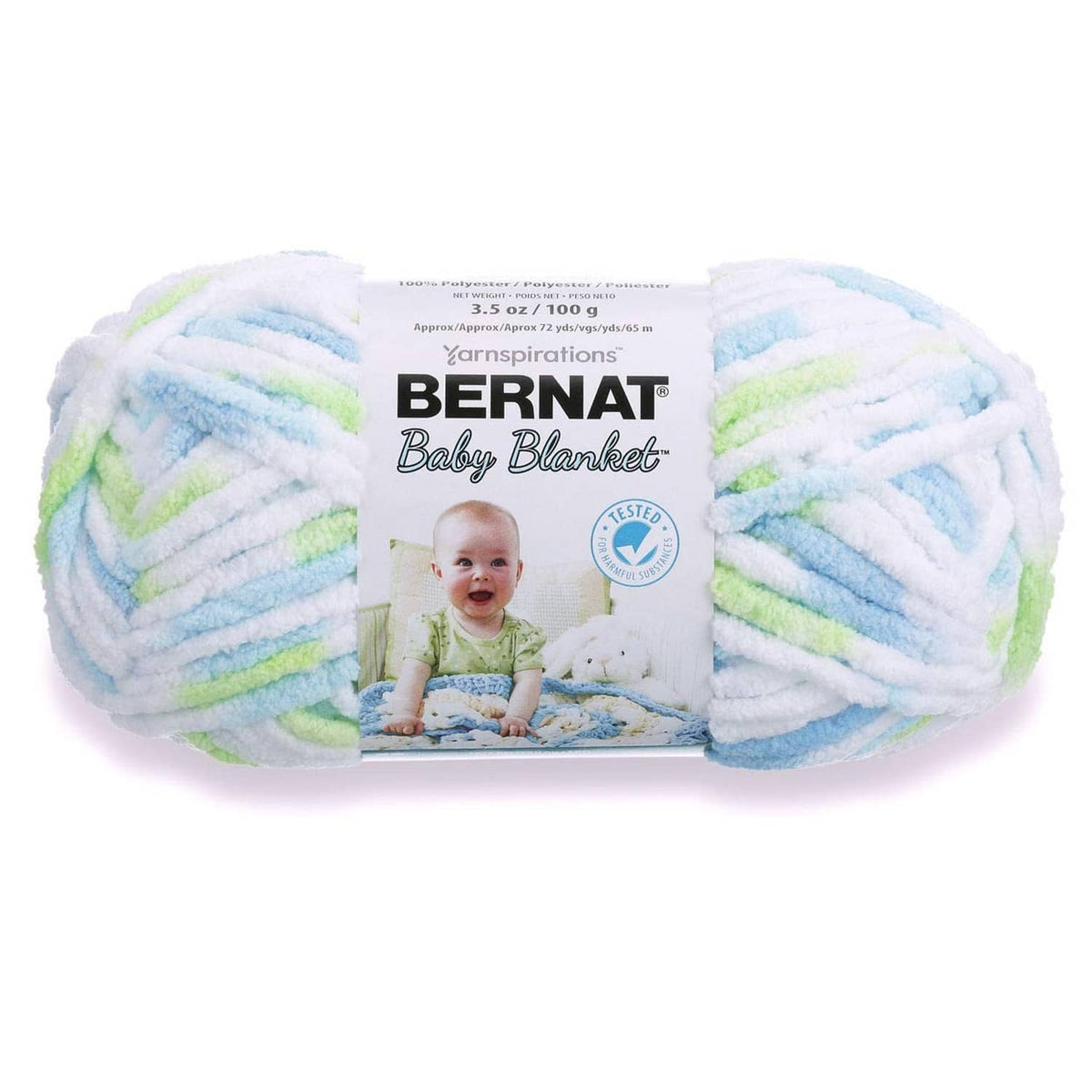 Baby blanket yarn, chenille-style skein in light blue, white, and mint green stripes