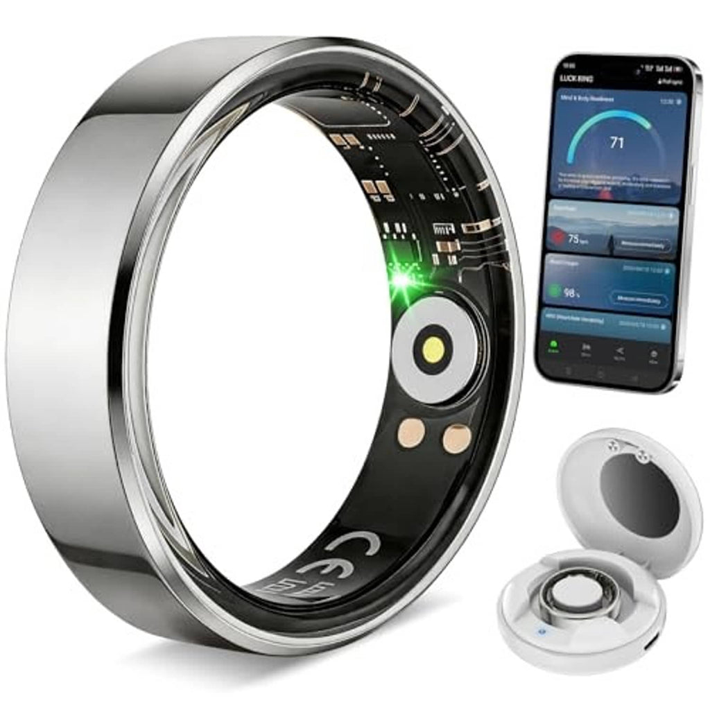 Silver-tone smart fitness tracker ring with green indicator light and charging dock