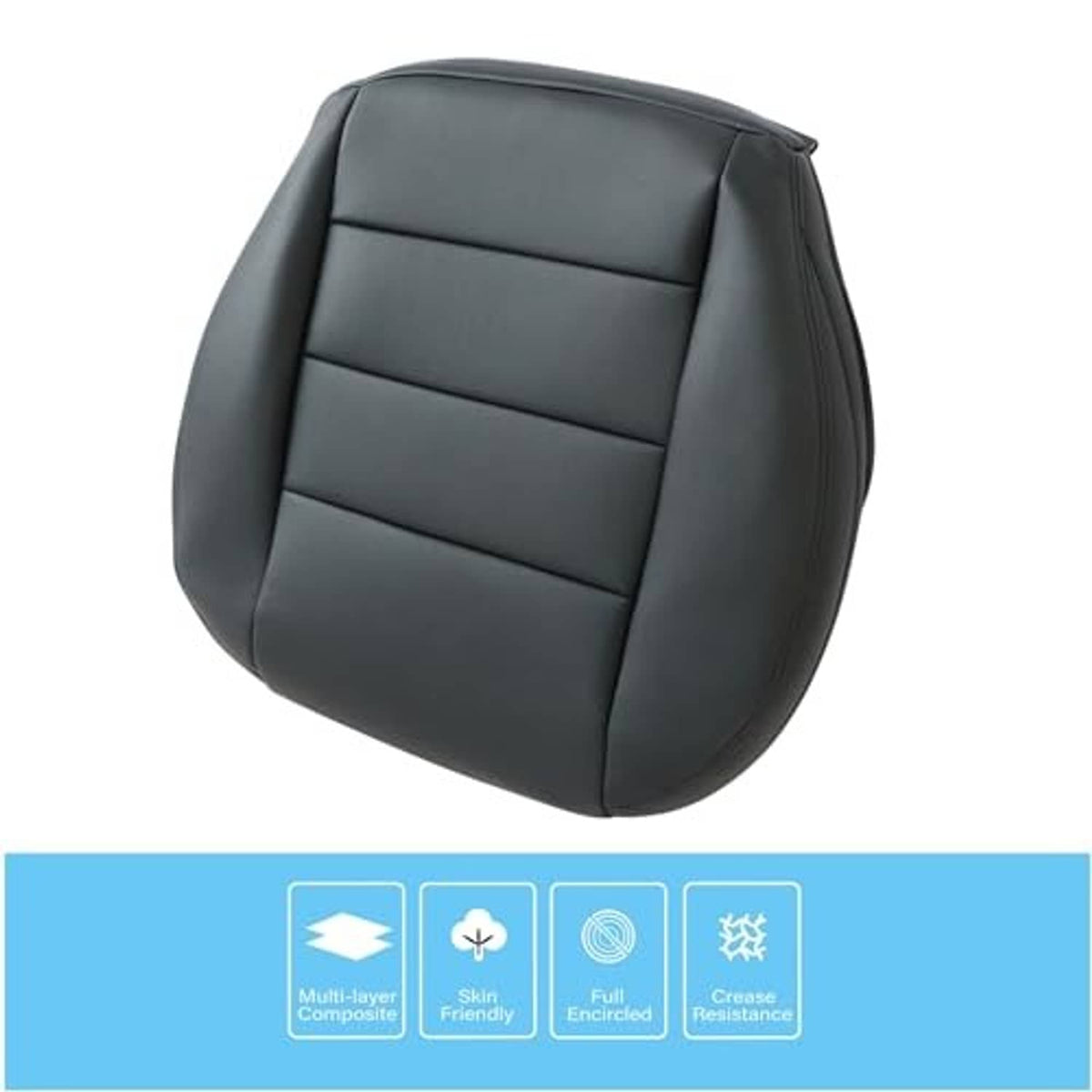 Black seat cover with stitched horizontal stripes and fitted side seams