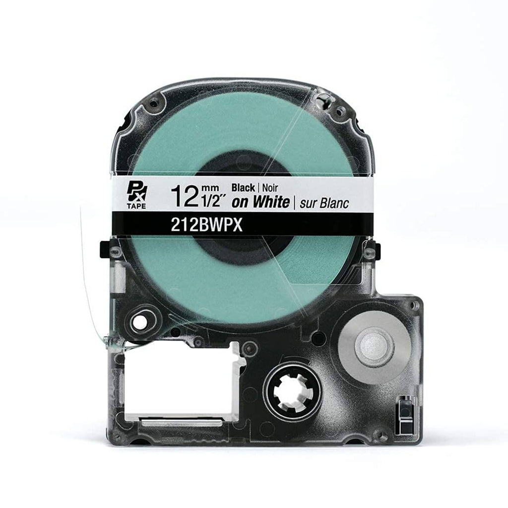 LabelWorks PX tape cartridge showing 12mm black on white label tape roll