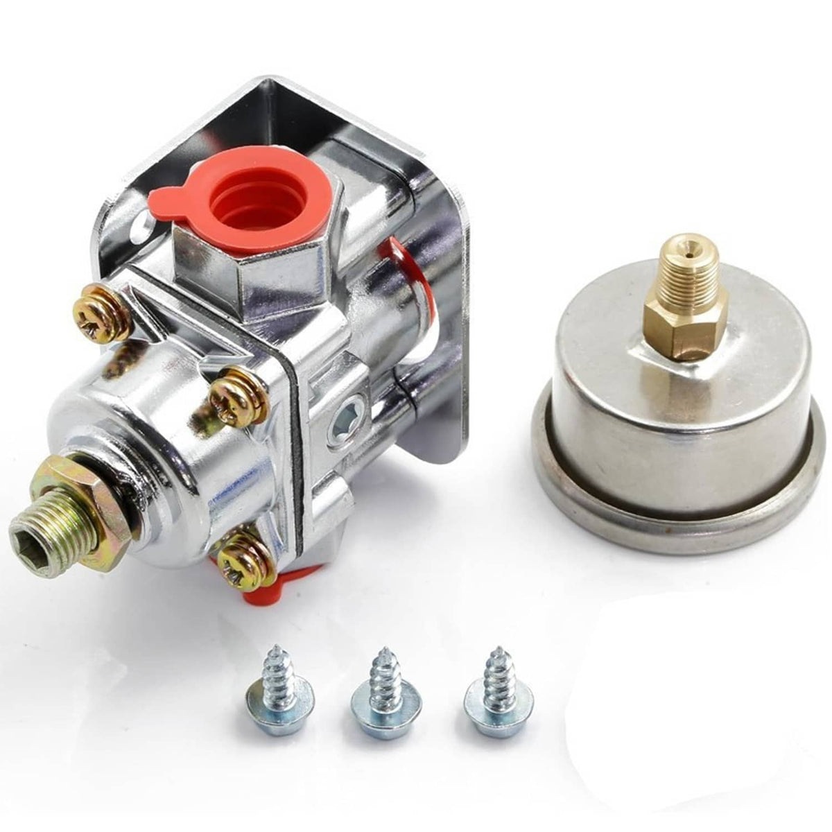 Low fuel pressure regulator with round gauge port; chrome housing, brass and mounting fittings