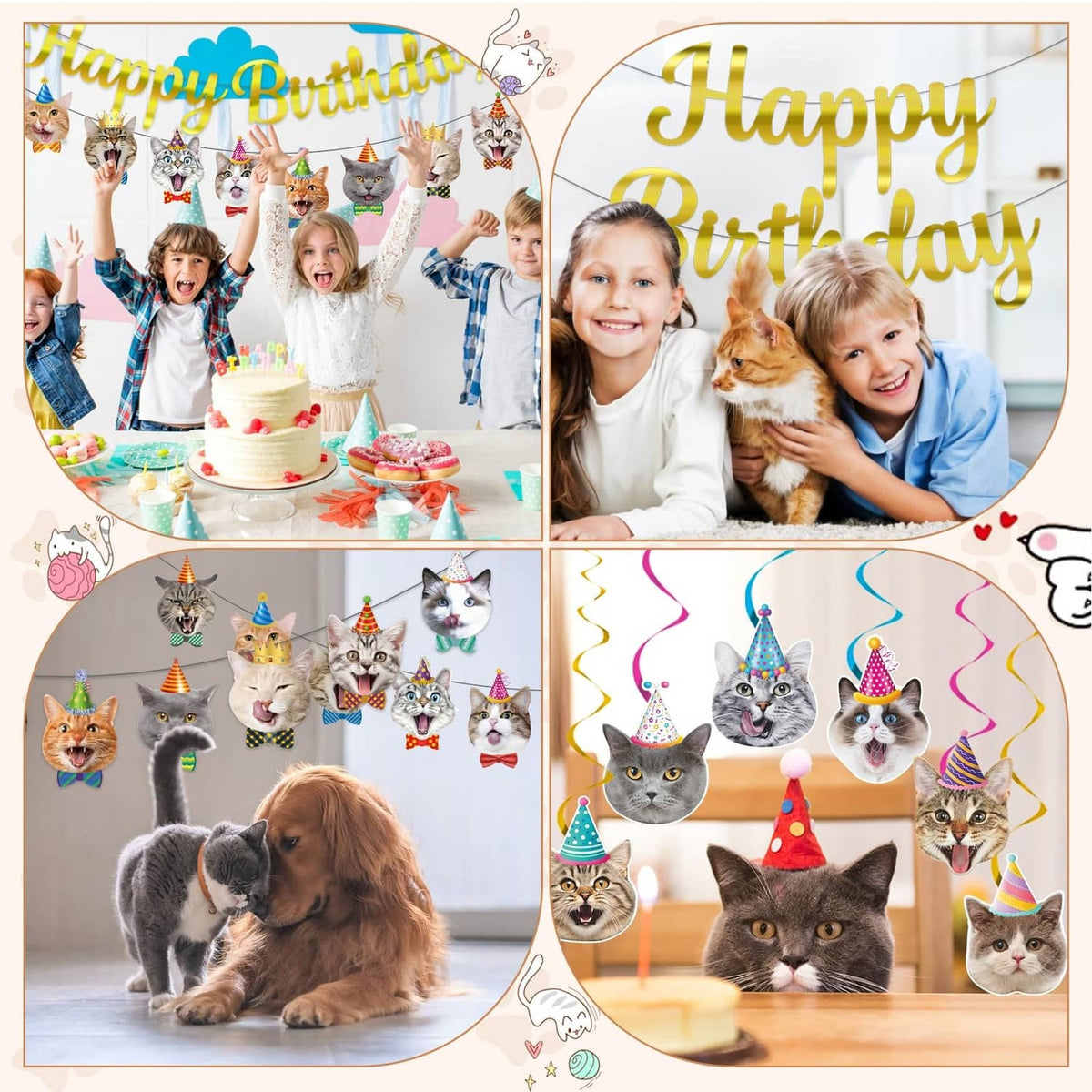 Cat birthday banner set with hanging swirl decorations shown with kids and pet