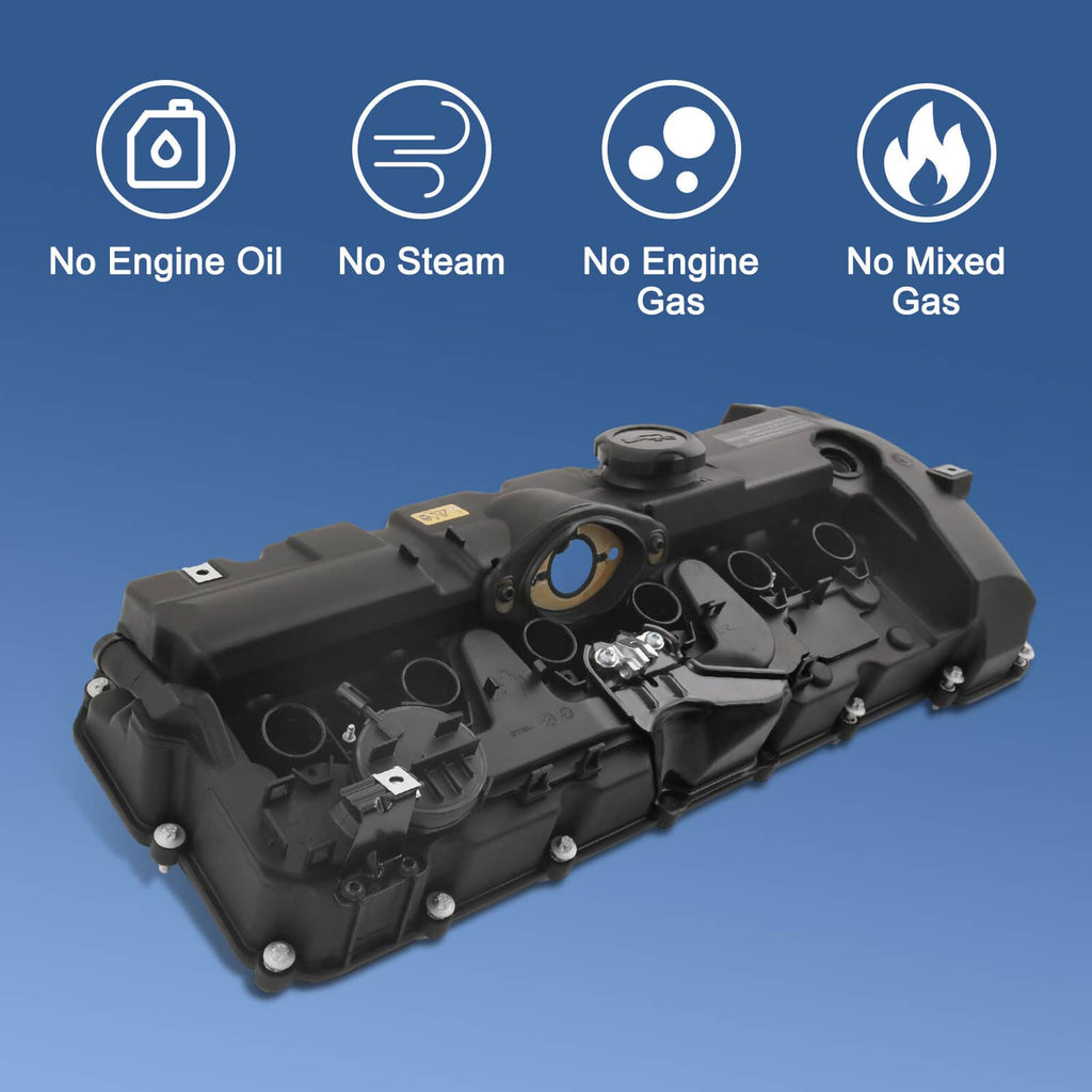 Black valve cover assembly with circular oil cap opening and mounting points