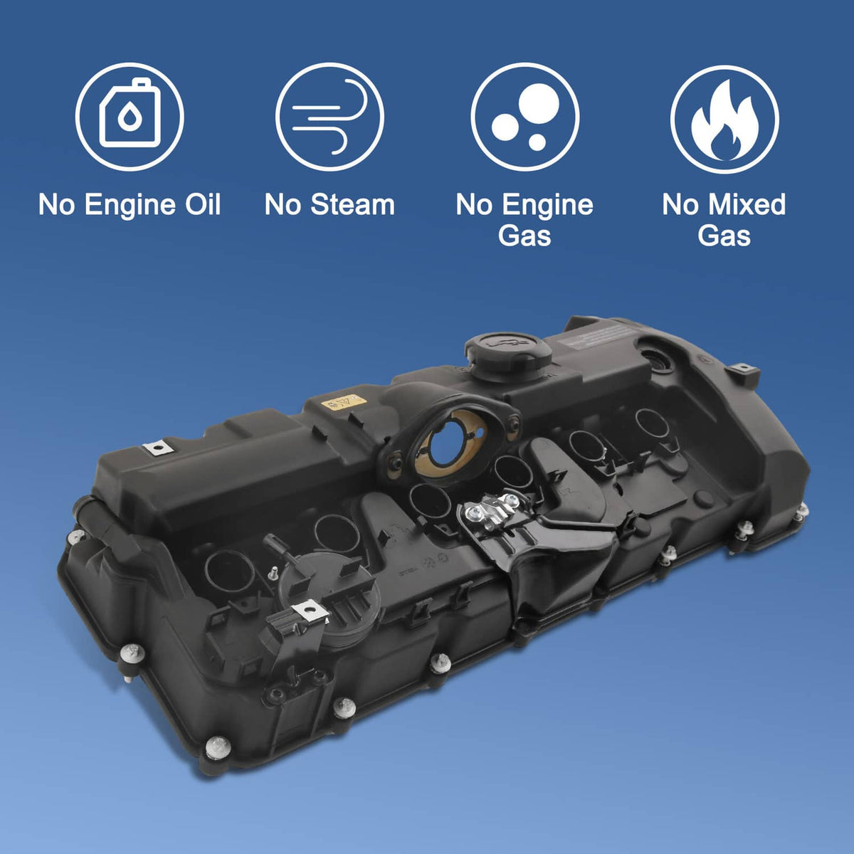 Black valve cover assembly with circular oil cap opening and mounting points
