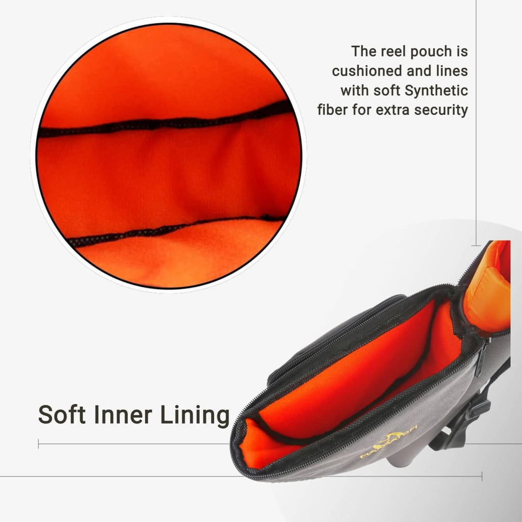 Grey rod case with orange cushioned reel pouch and padded inner lining