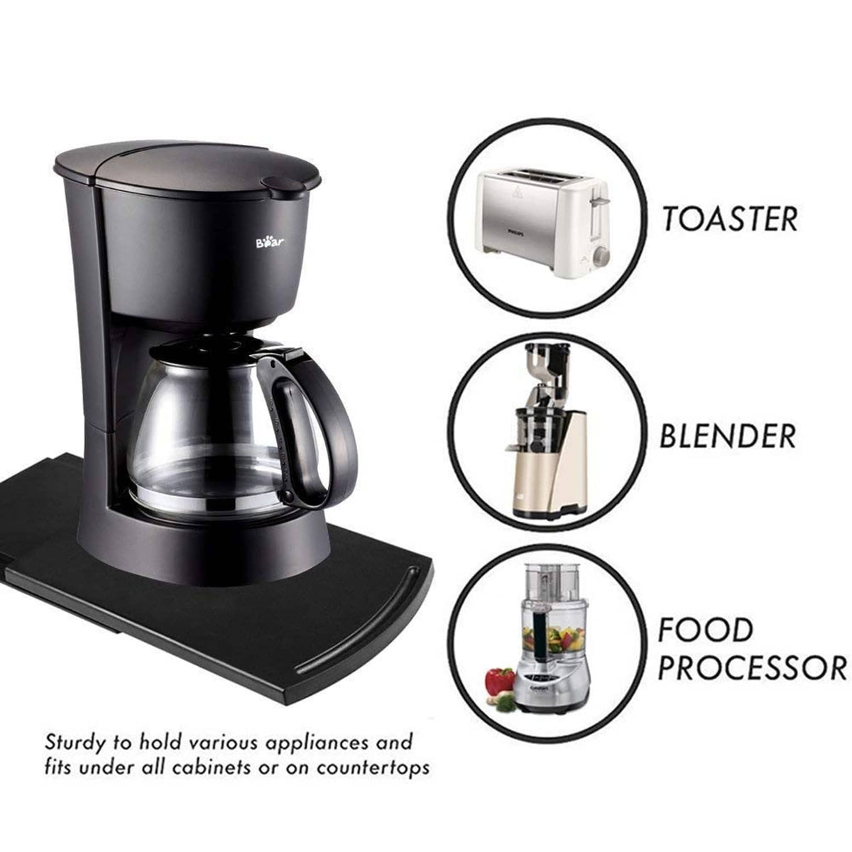 Sliding appliance tray caddy with non-slip base, shown supporting coffee maker and more