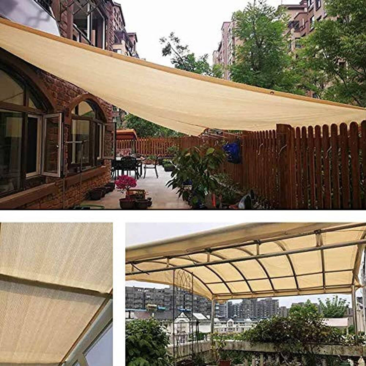 Tan shade sail extended above backyard walkway between posts with reinforced edge