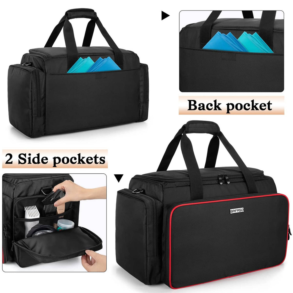 Black hairdresser tool bag with red trim, side pockets and back pocket storage