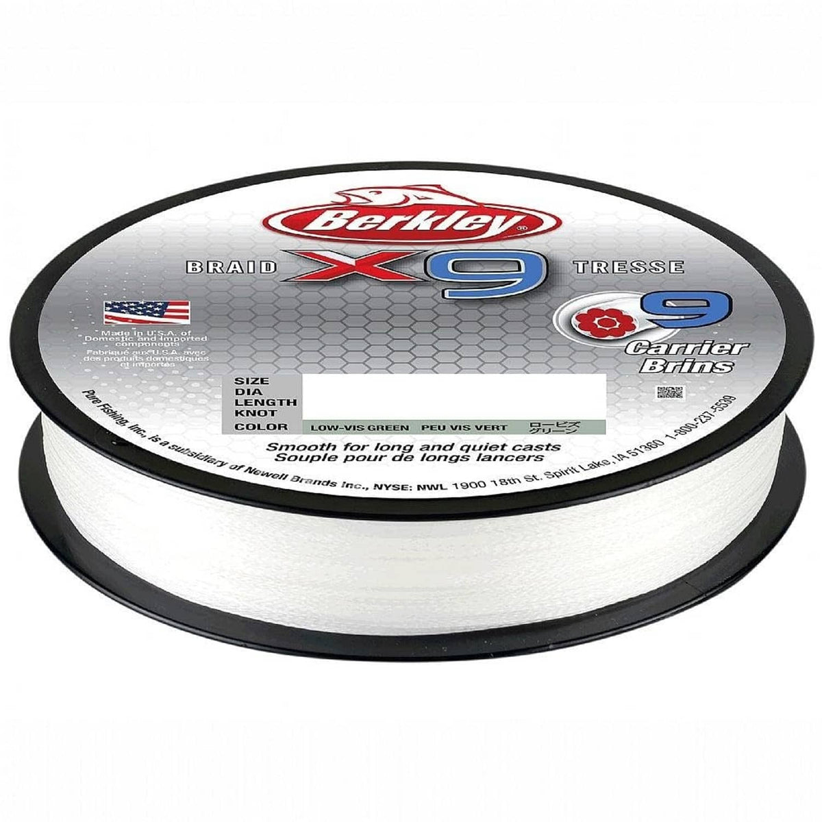 Braided fishing line spool top label with low-vis green 10 lb size details