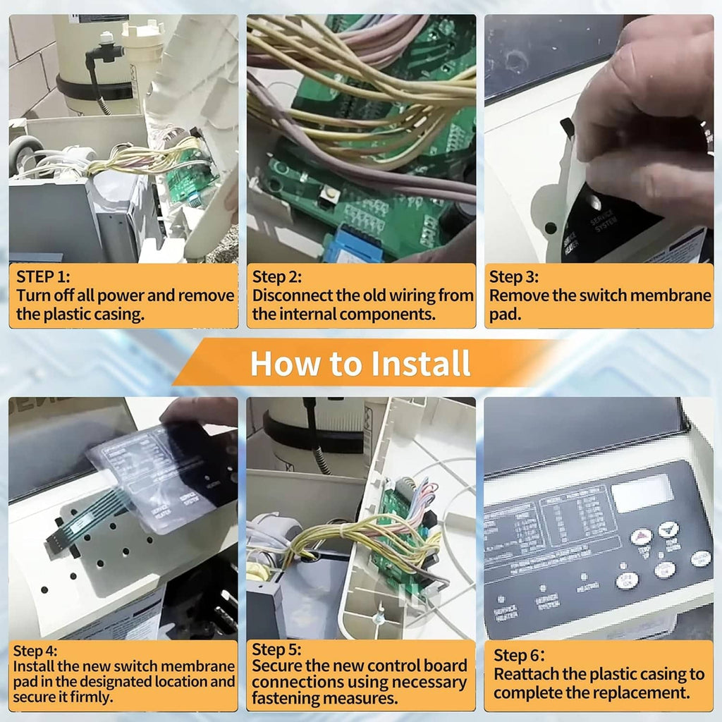 Pentair control board kit installation steps showing switch membrane and wiring