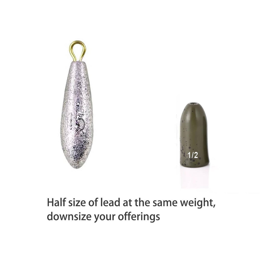 Green pumpkin tungsten bullet fishing weight with eyelet, speckled dark olive.