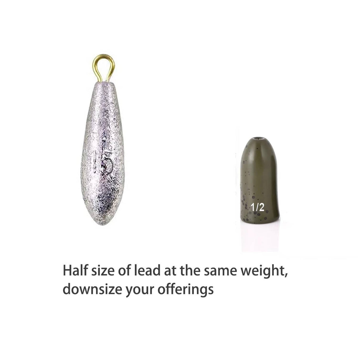 Green pumpkin tungsten bullet fishing weight with eyelet, speckled dark olive.