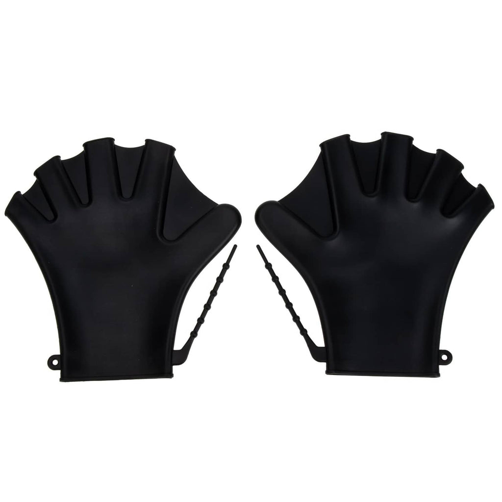 Pair of black aquatic resistance gloves with finger openings and wrist strap loops