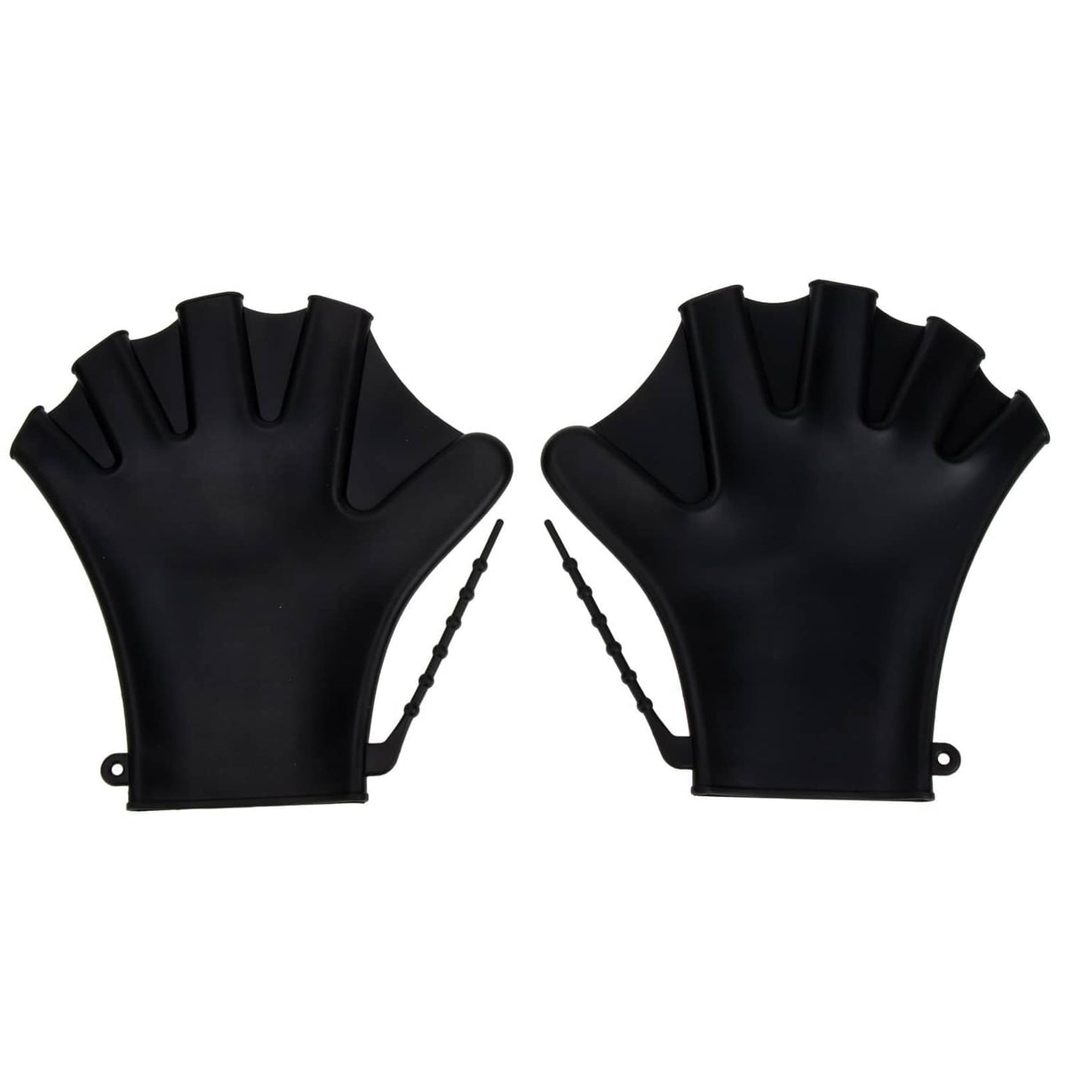 Pair of black aquatic resistance gloves with finger openings and wrist strap loops