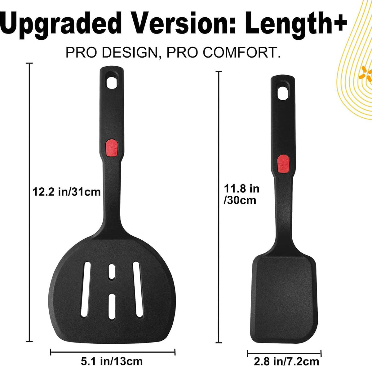 Two black silicone pancake spatulas with red grip tabs, different lengths and slotted heads