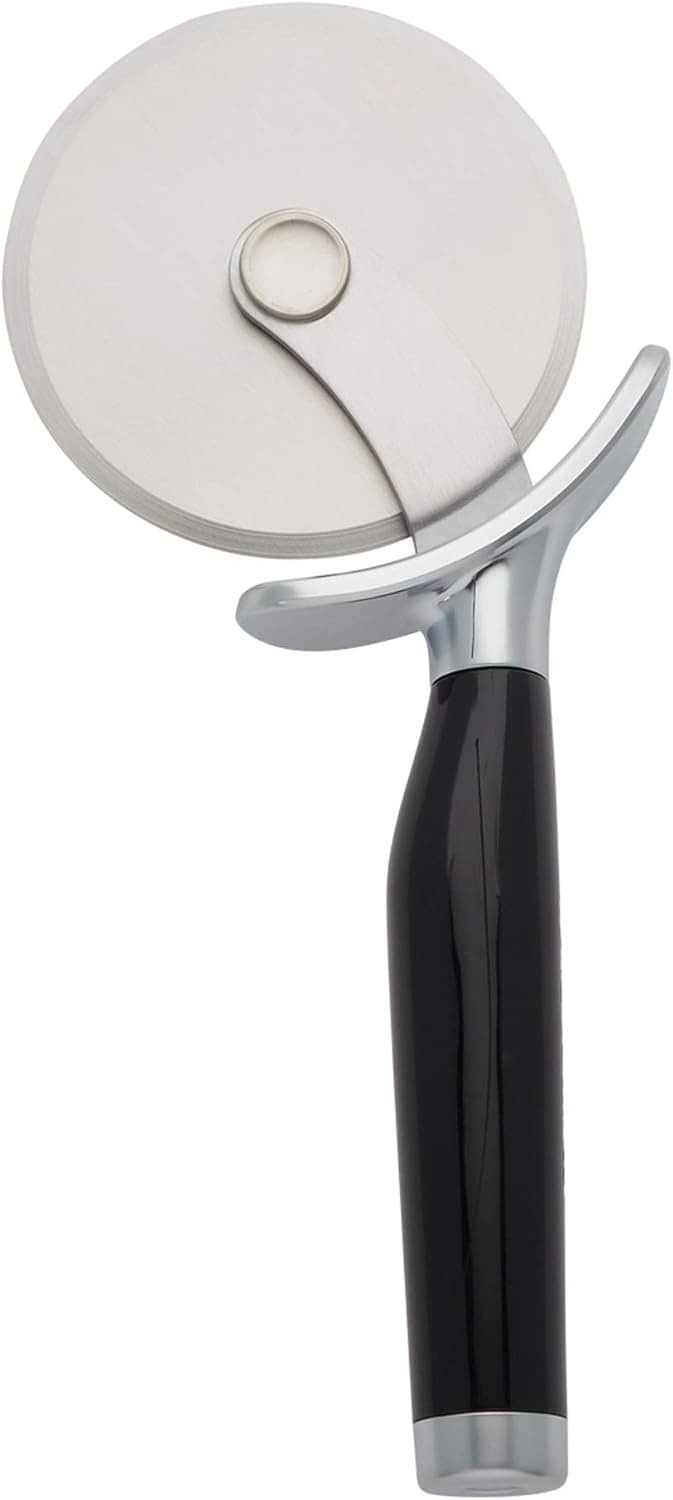 Black-handled pizza wheel with round stainless blade and thumb guard