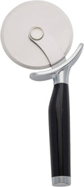 Black-handled pizza wheel with round stainless blade and thumb guard