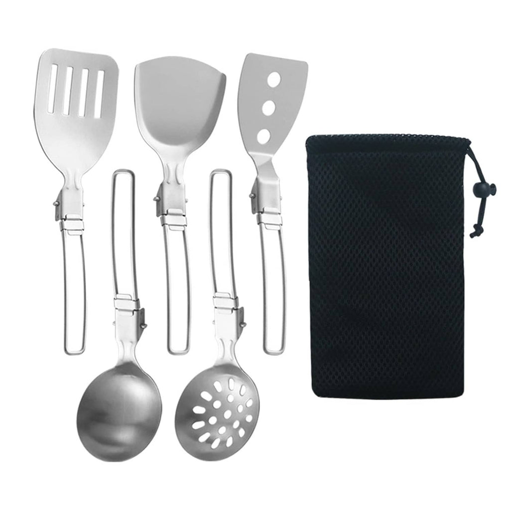 Silver six-piece camp utensil set with black storage bag