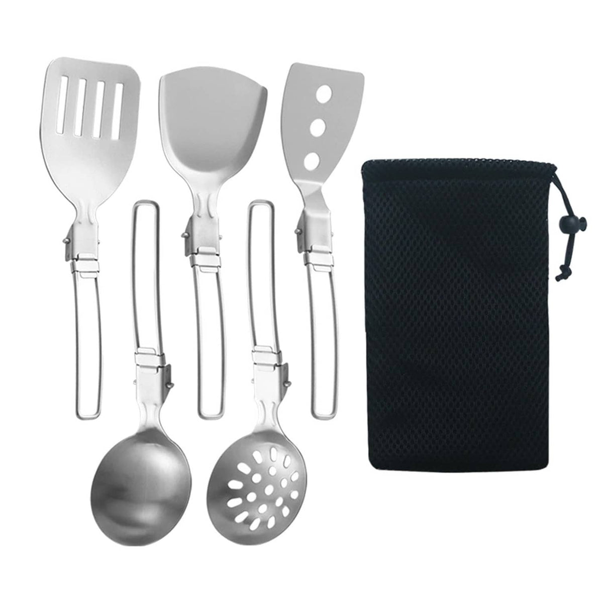 Silver six-piece camp utensil set with black storage bag