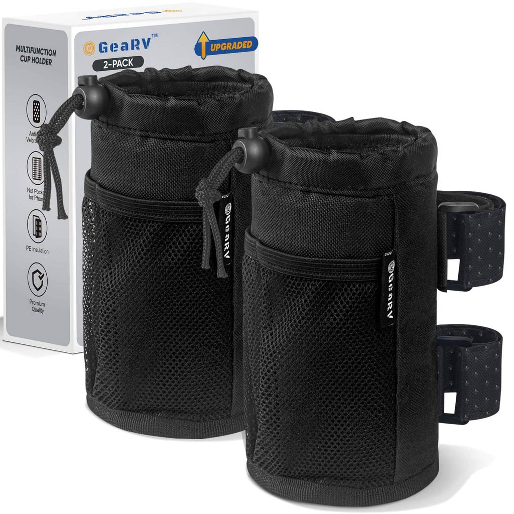 Black 2-pack bike cup holders with two mesh pockets and drawstring tops