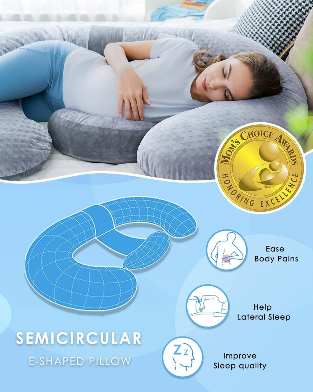 E-shaped maternity pillow with gray cover and blue support insert, product feature diagram