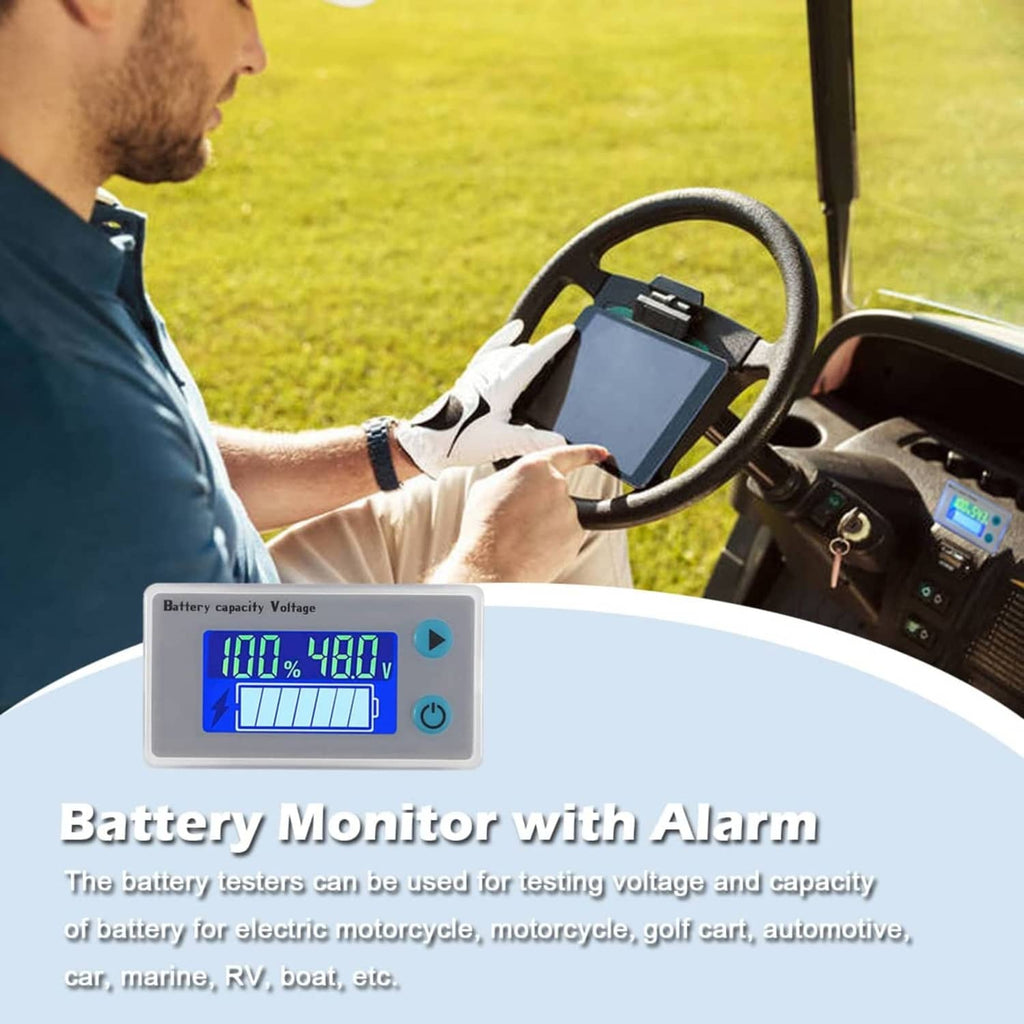 LCD battery monitor with blue voltage/capacity readout mounted in vehicle