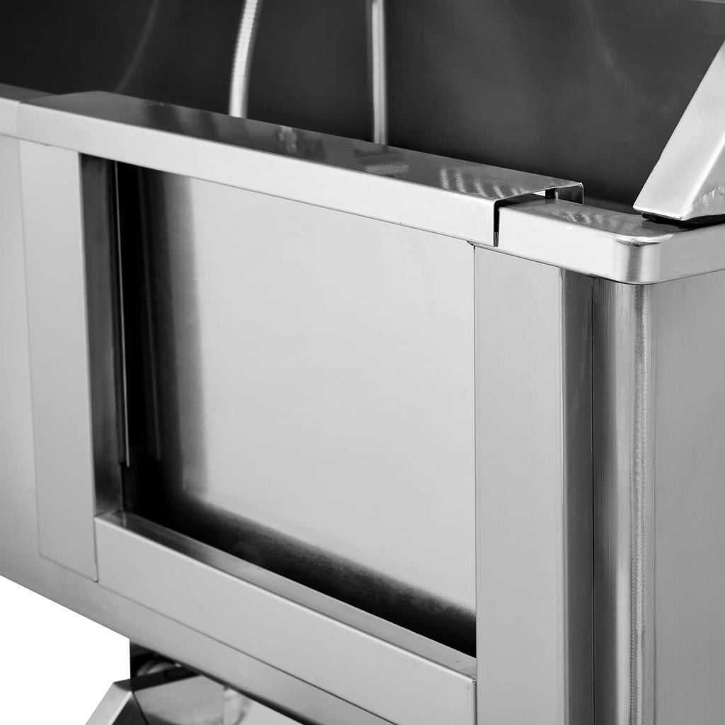 Close-up of stainless steel pet bath tub side panel and rim for grooming tub access