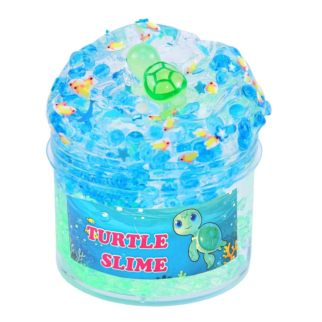 Blue turtle slime tub with green turtle charm on top and label graphic