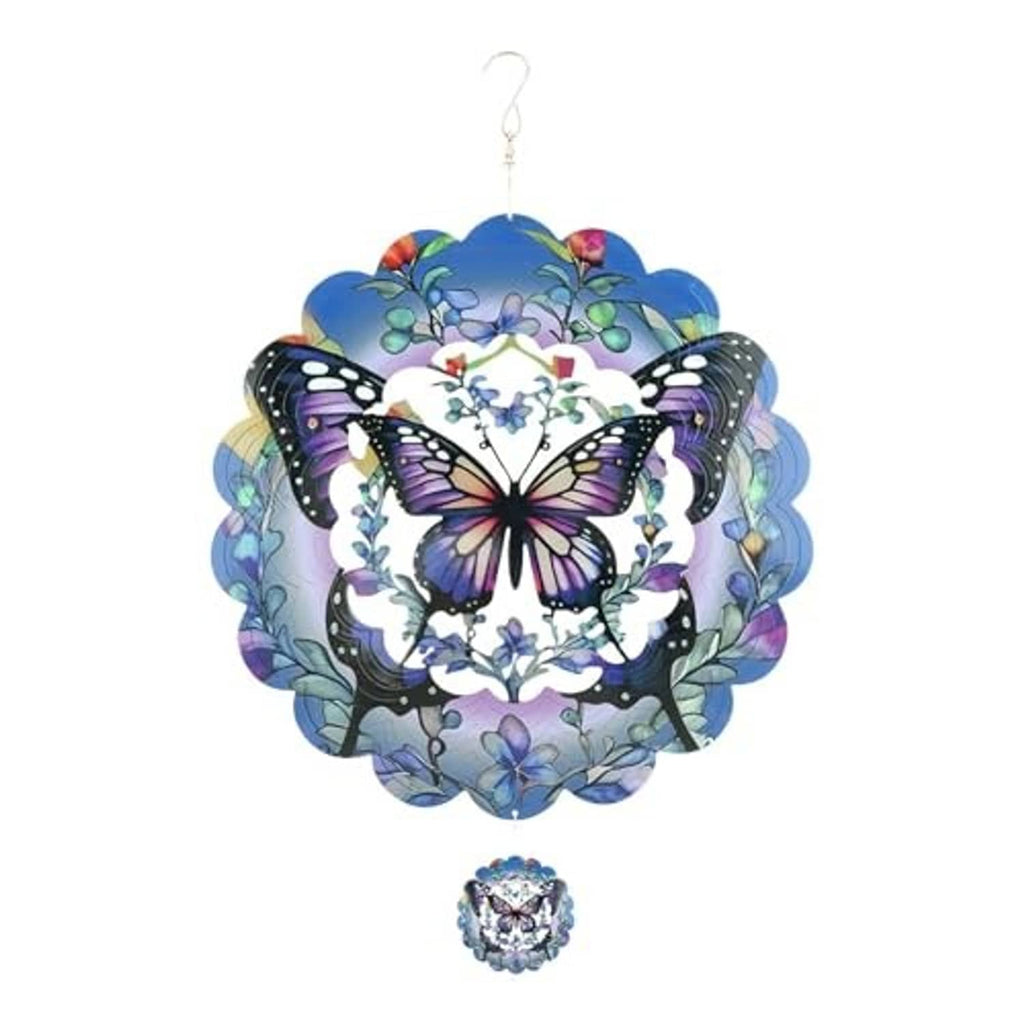 Hanging butterfly wind spinner with colorful floral border and reflective metal circular design
