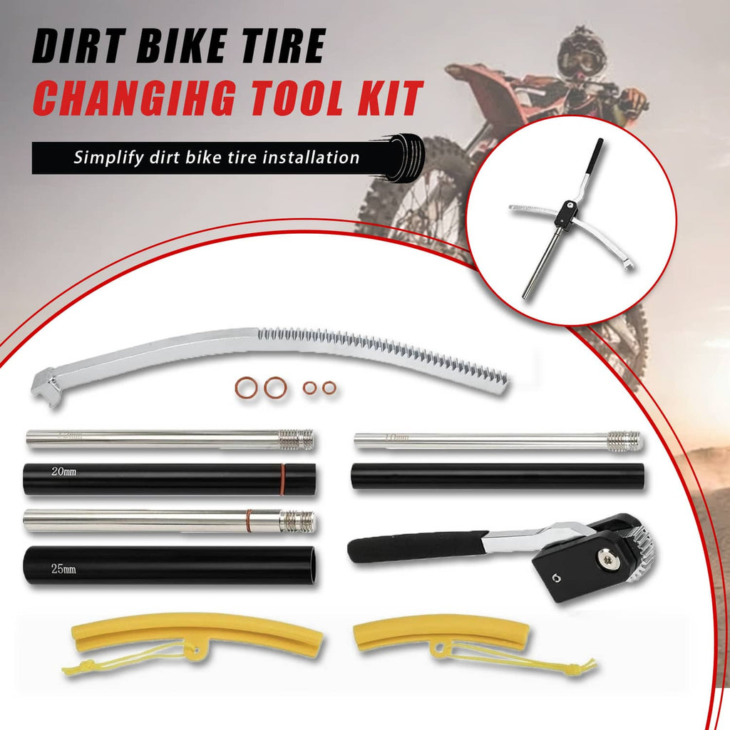 Tire changing tool kit parts: mounting bars, push rod, axle rods, and yellow tire protectors