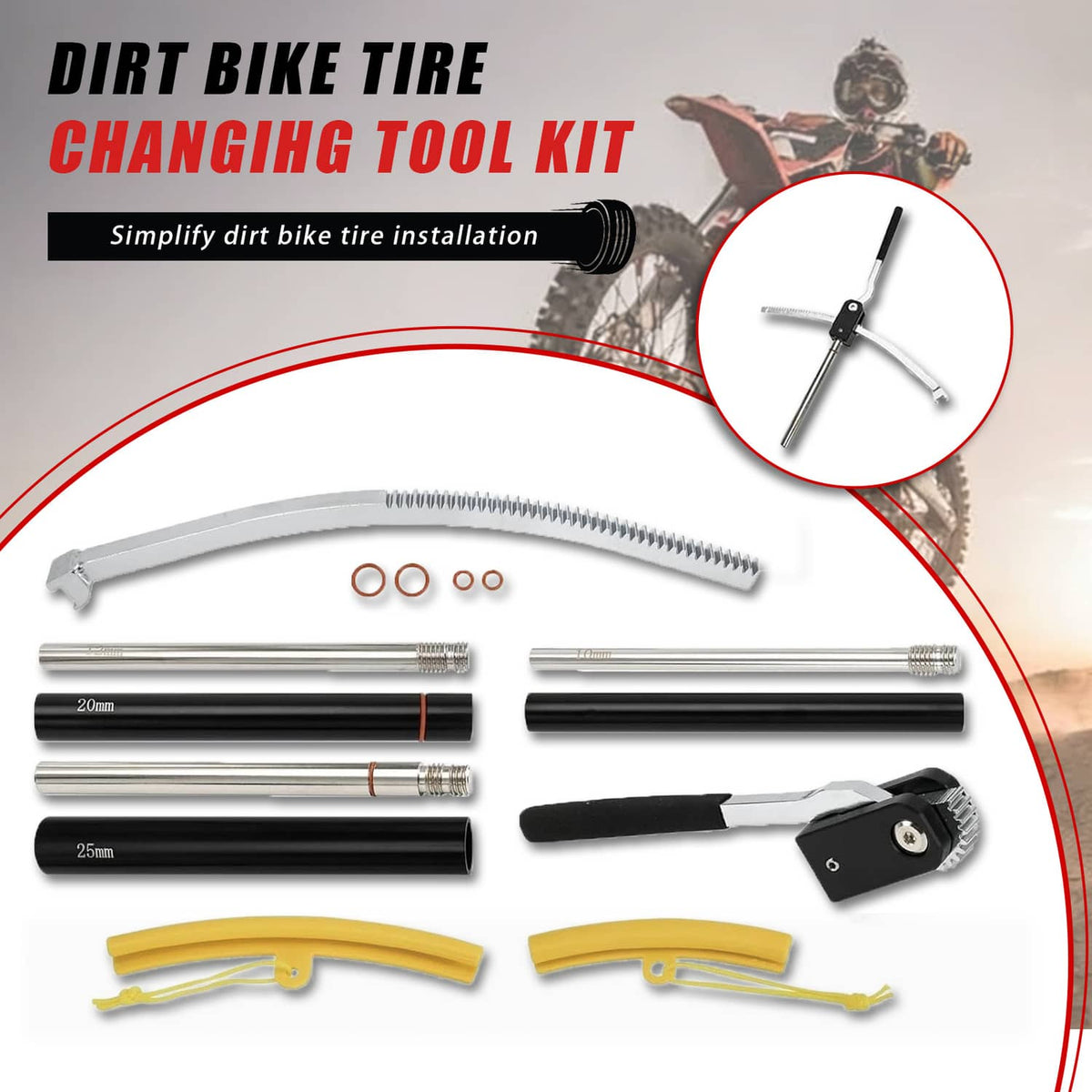Tire changing tool kit parts: mounting bars, push rod, axle rods, and yellow tire protectors
