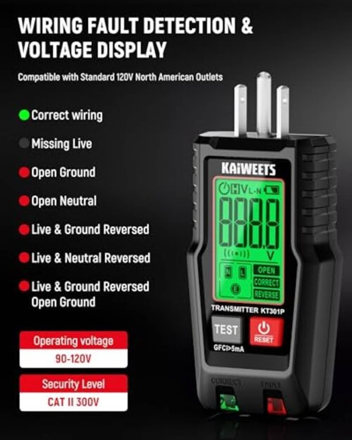 GFCI outlet tester with green LCD display, test and reset buttons, black body