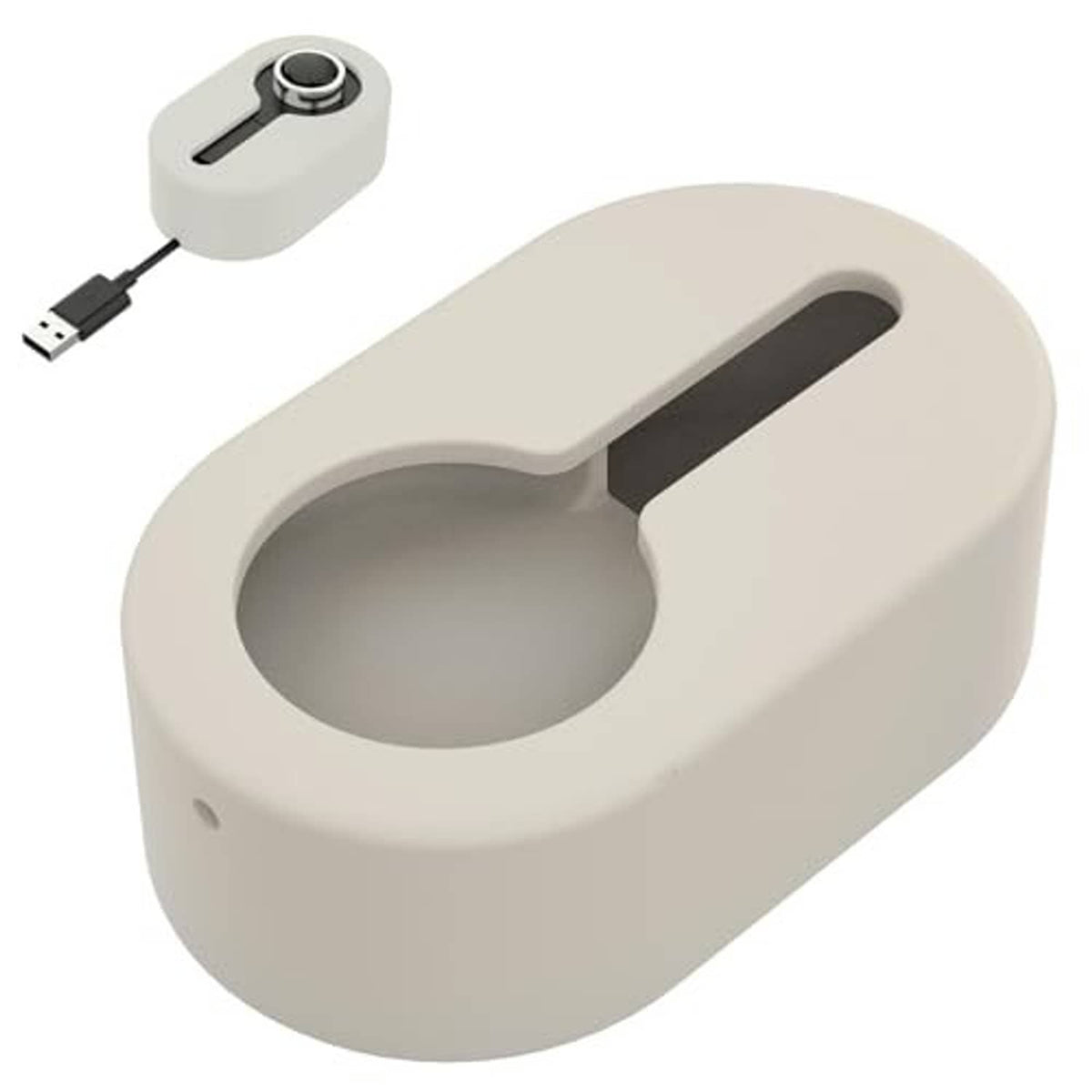 Light beige silicone charging cradle with side slot and USB charging cable.