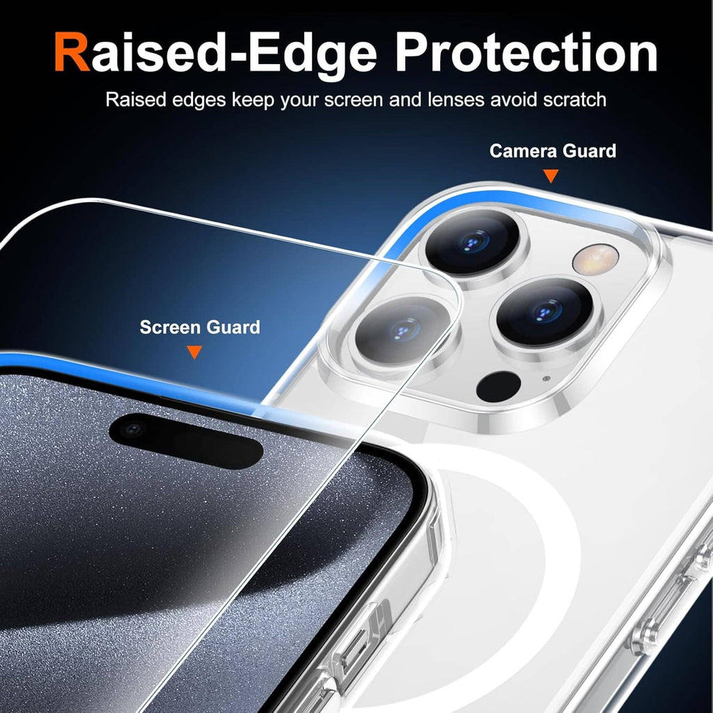 Clear iPhone 15 Pro Max case with raised screen and camera guards
