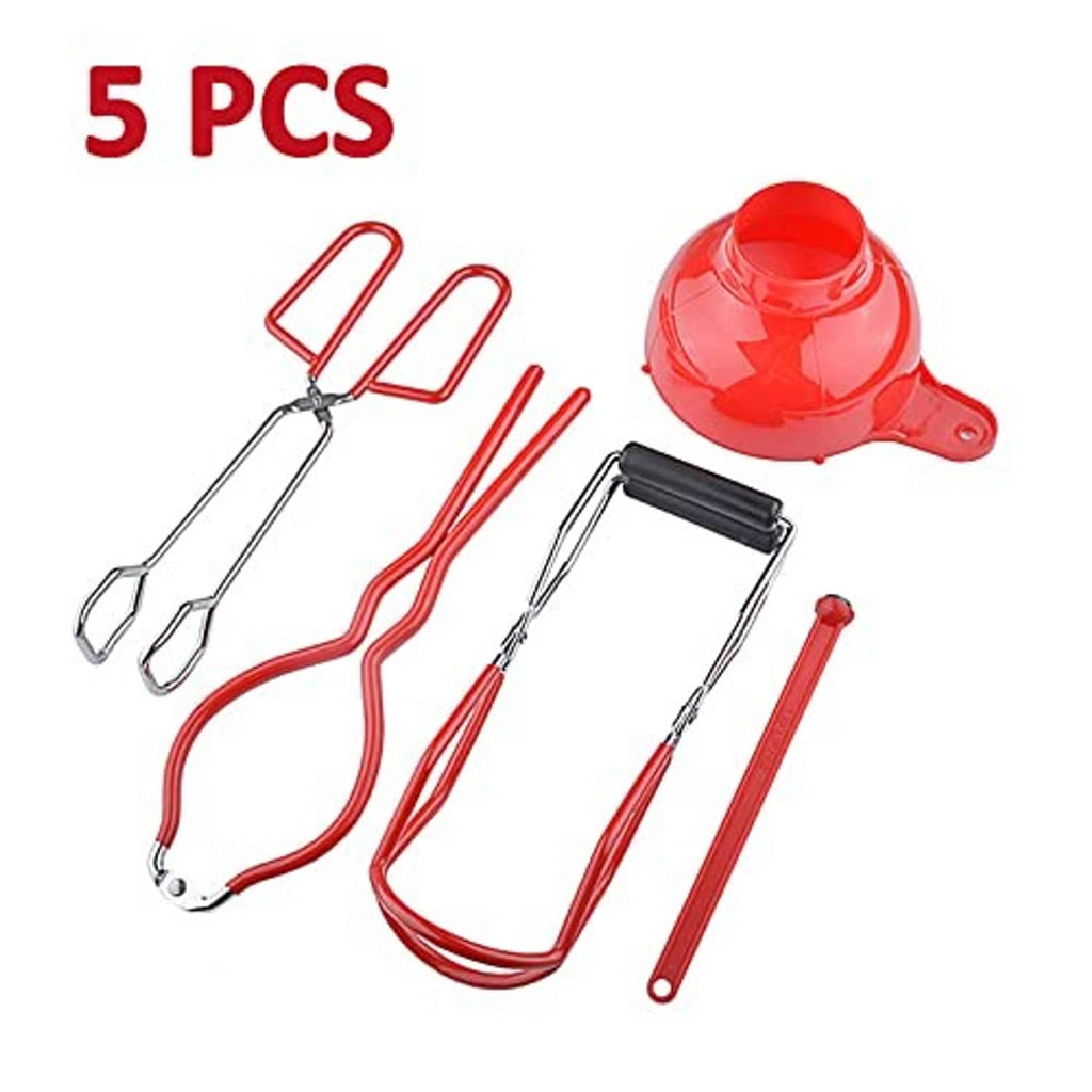 Red canning tool set with jar funnel, two-prong lifters, and long tong tool