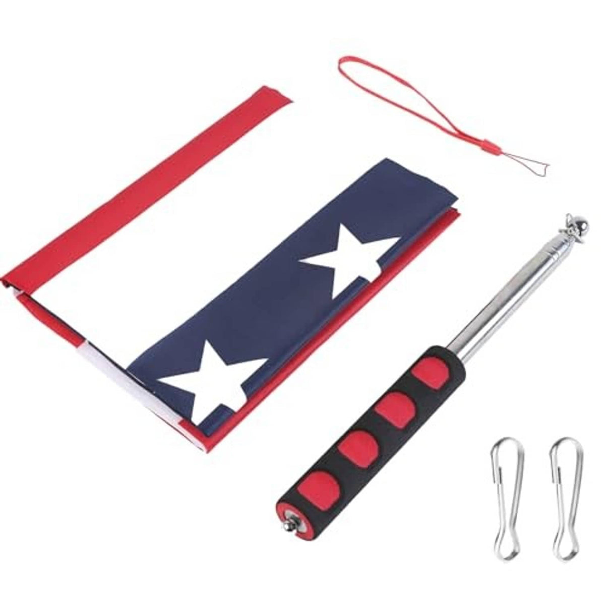 American flag kit with folded 3x5 ft flag and 8.2 ft stainless telescopic pole, lanyard, clips