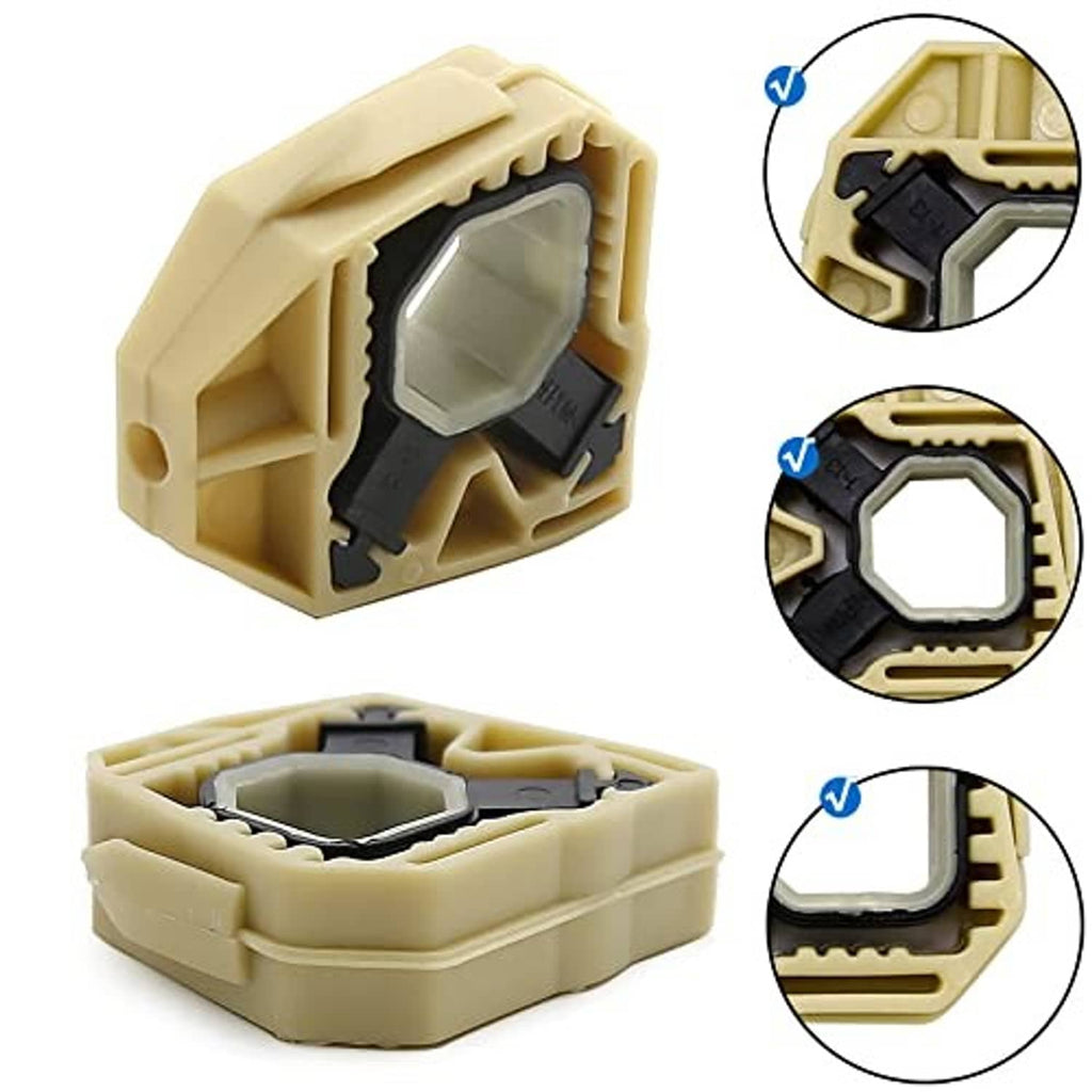 Beige radiator mount bracket with black clips and hex center opening, plus close-up