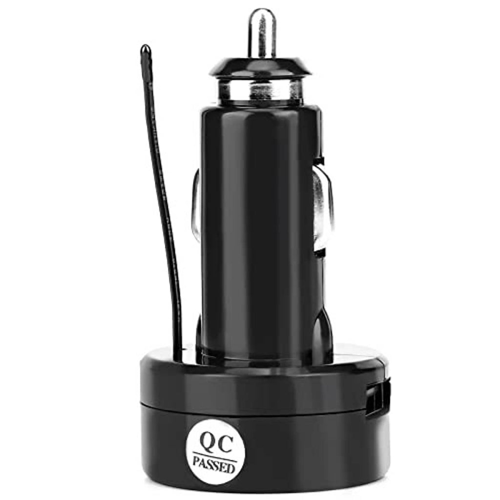 Black car charger base with QC Passed label and antenna-style probe on top