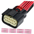 Headlight connector pigtail with black housing and beige multi-pin plug, red wire leads